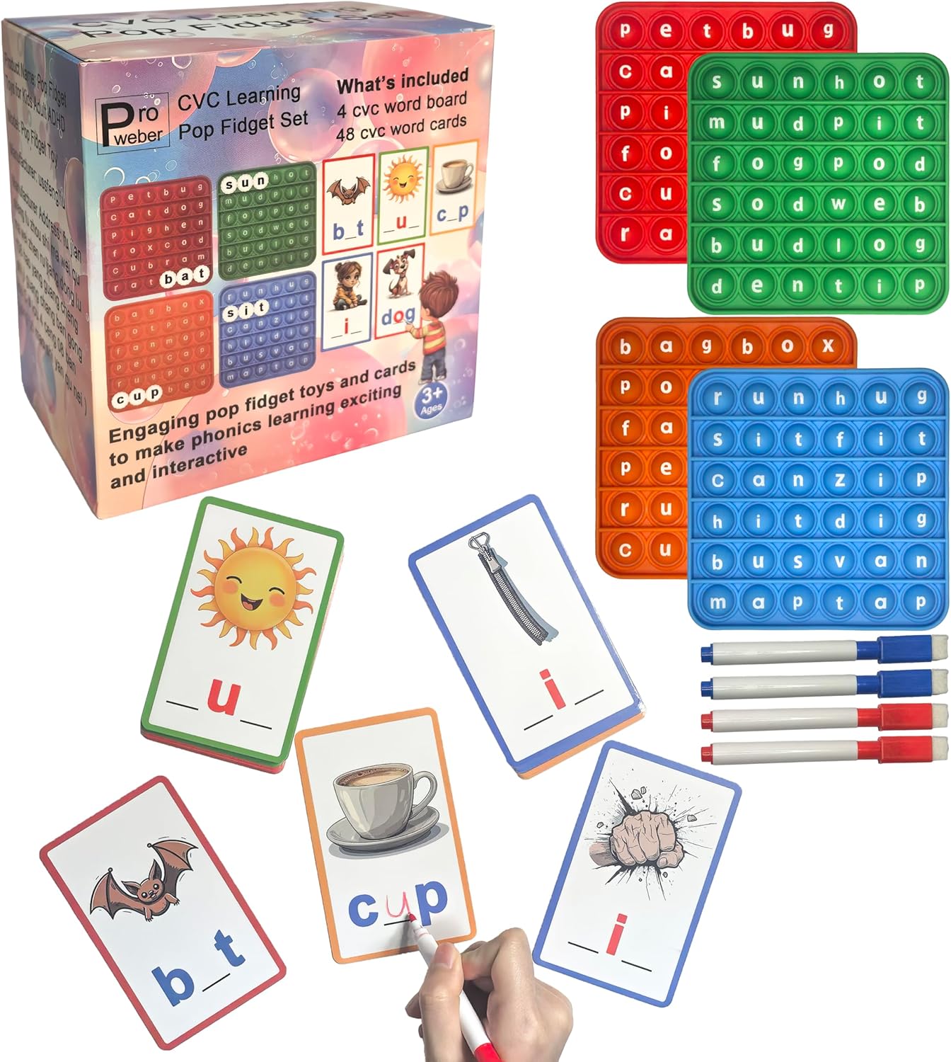 CVC Learning Flash Cards 1 Set- Educational Spelling and Reading Game for Preschool and Kindergarten, Includes Colorful Erasable Pens