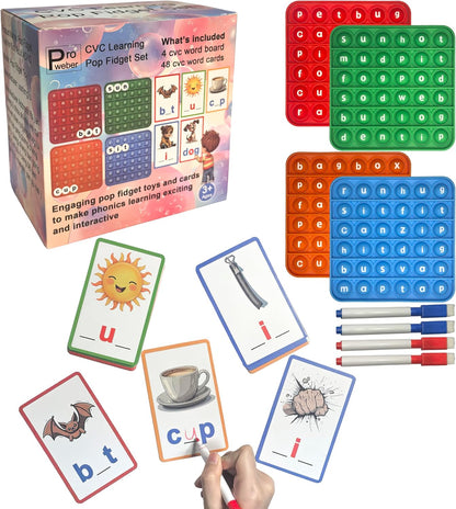 CVC Learning Flash Cards 1 Set- Educational Spelling and Reading Game for Preschool and Kindergarten, Includes Colorful Erasable Pens