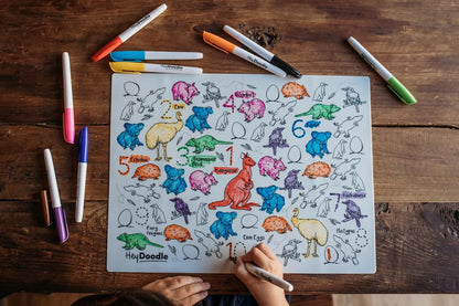 HeyDoodle Into The Wild Classic Doodle Mat – Reusable Silicone Alphabet Coloring Mat for Toddlers and Kids – Educational Animal Activity Pad with 9 Markers – Mess-Free Travel Toy – Ages 3-7