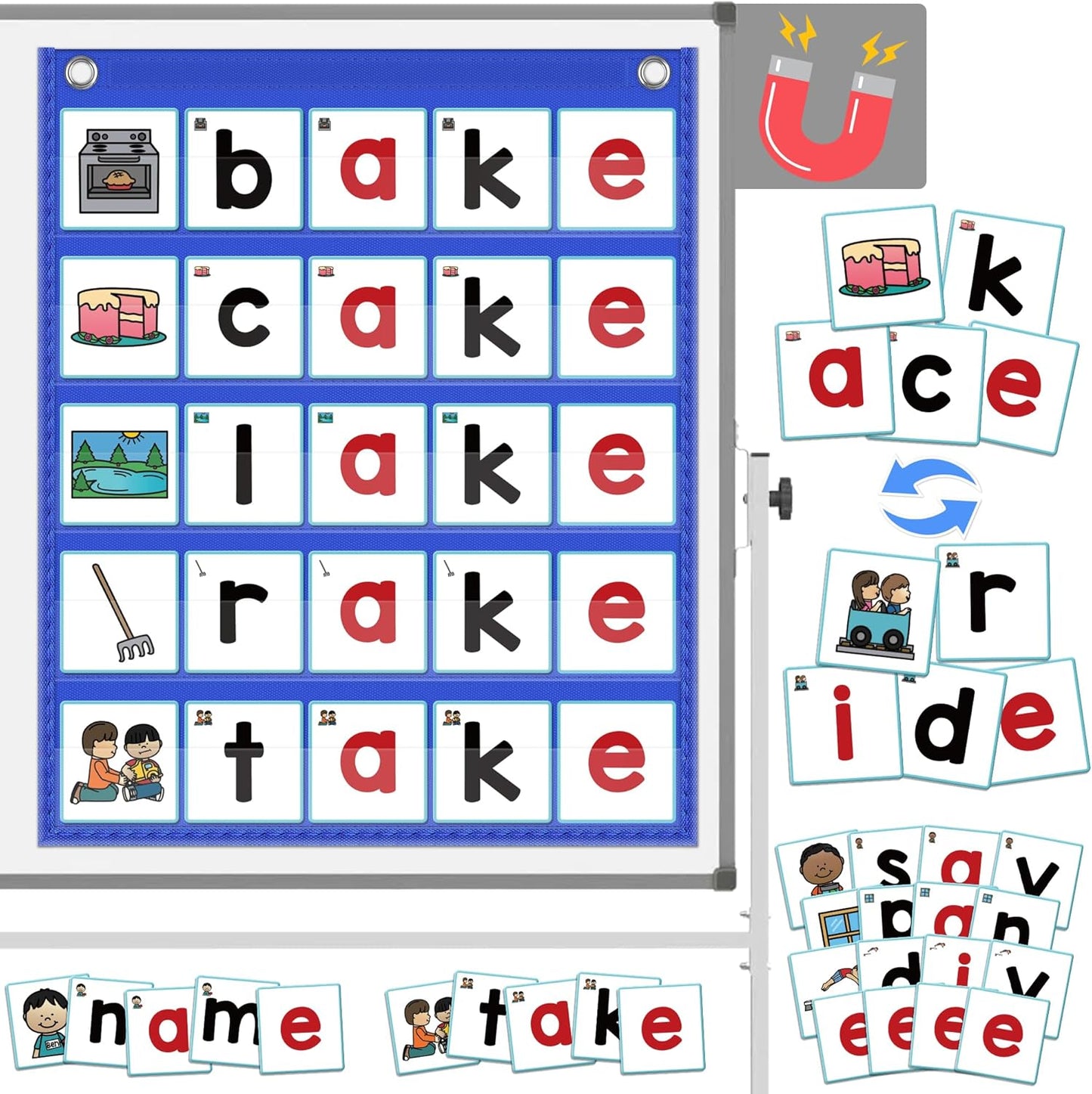 ABCxGOOD CVC Word Building Pocket Charts with 64 Phonics Flash Cards Kindergarten Classroom Must Haves, CVC Literacy Games for Beginners in Reading and Spelling.