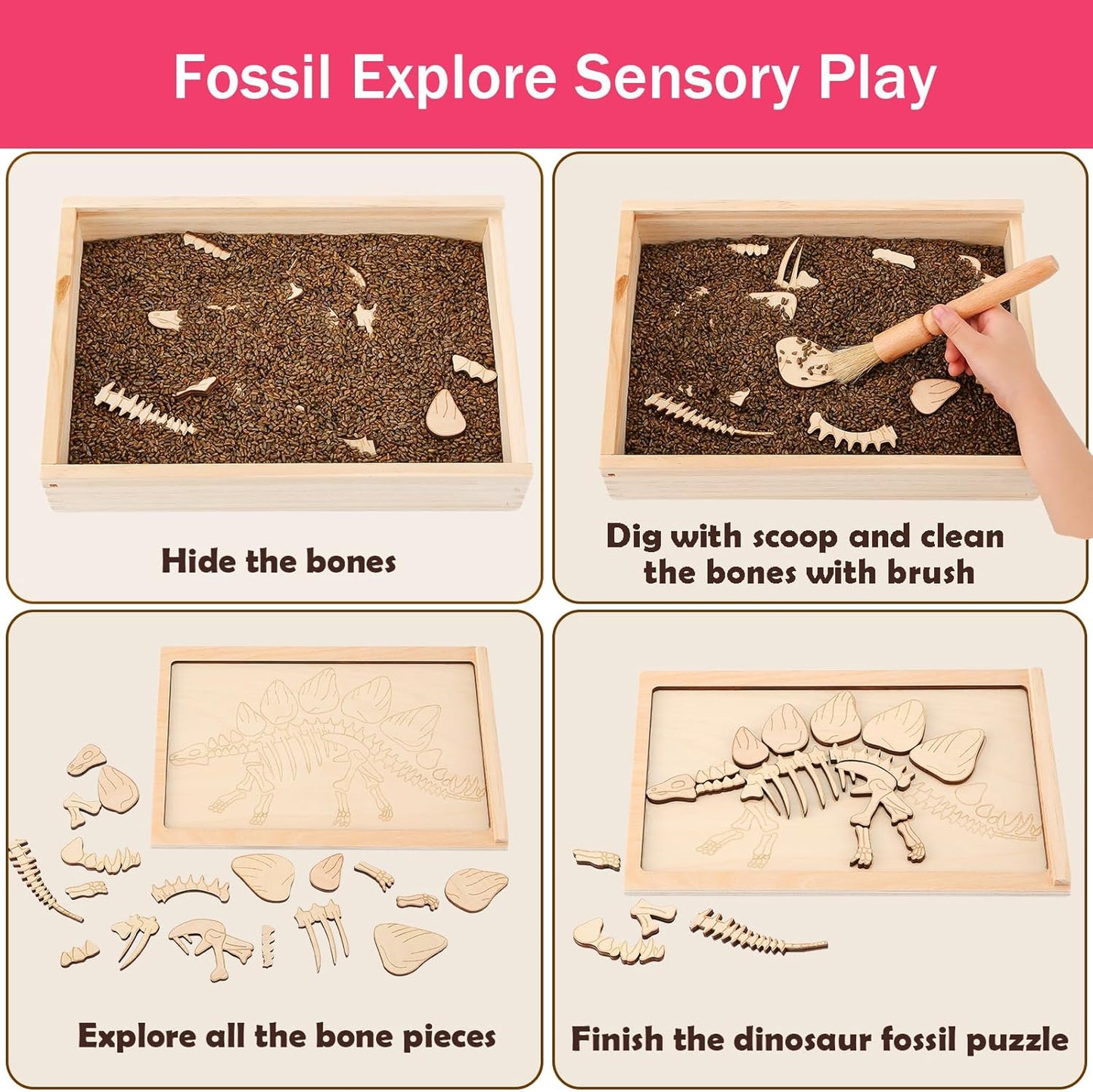 Dino Excavation Archaeology Dig Kit, Fossil Digging Kit for Kids, Dinosaur Skeletons Bones Puzzle Game with Wooden Storage Box, STEM Toys for Boys and Girls (Stegosaurus)