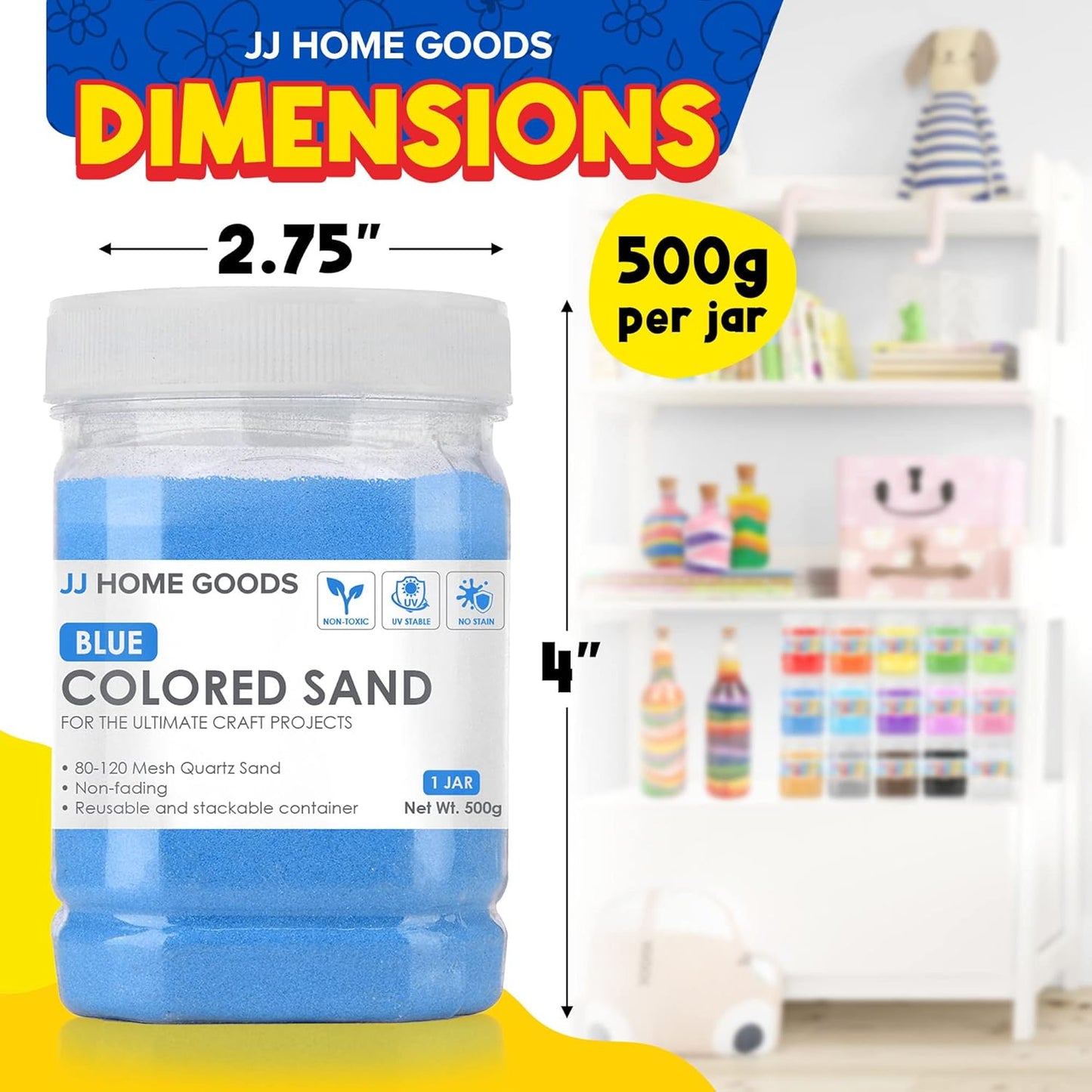 JJ CARE Sand Art Bottles [12 Wave-Shaped Sand Bottles + 6 Small & 6 Large Funnels] Craft Sand Art Kit for Kids 3 Years Above, Non-Toxic Rangoli Color Art Bulk