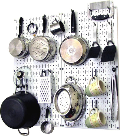 Wall Control Kitchen Pegboard Organizer Pots and Pans Storage Rack Organization Kit with Green Pegboard and White Accessories