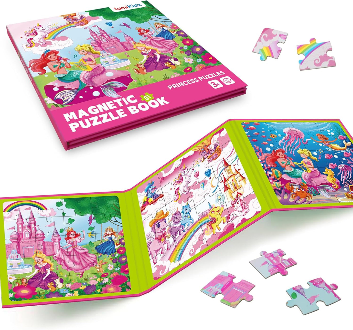 Magnetic Unicorn Mermaid Princess Puzzle for Girls Ages 3-6, 20 Piece Travel Magnetic Puzzle for Toddlers, Car Airplane Road Trip Activity Toy