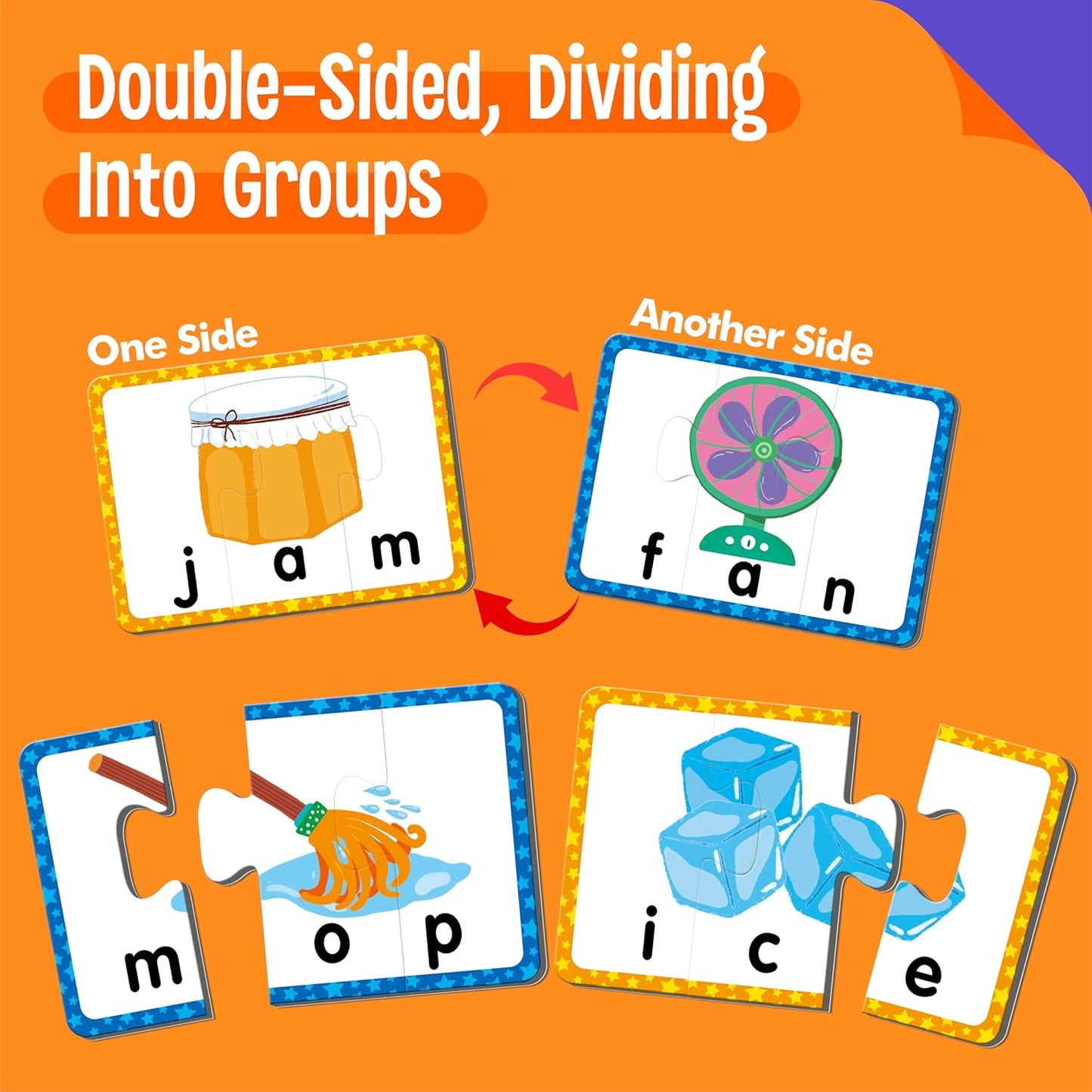 72 Word Spelling Puzzles with Error-Correction Mechanism in 3 Pieces, Perfect for Preschool Learning (36 Block Double Sided)