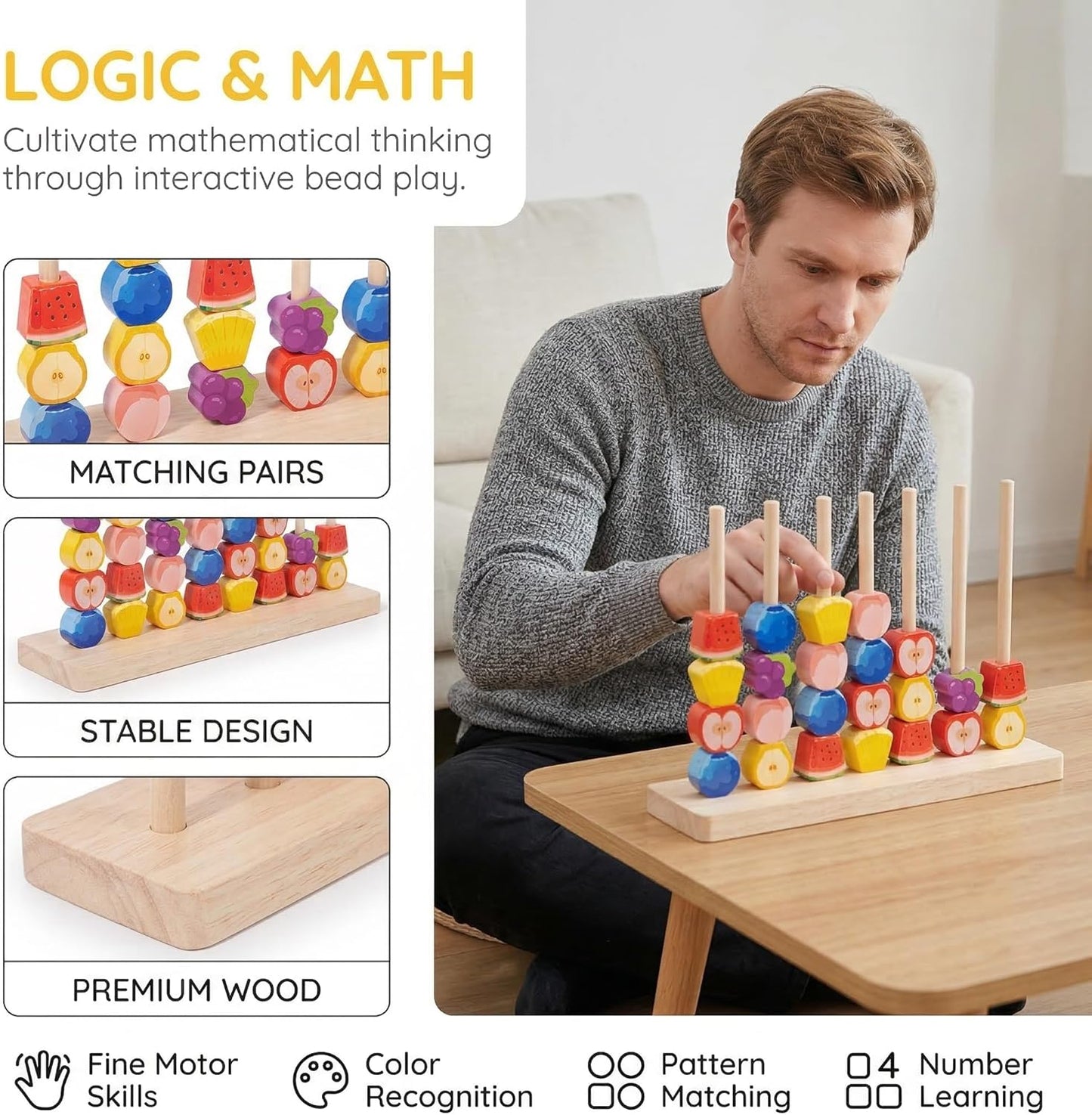Color Stack Match Game for Adults,Fast Pattern Tabletop Puzzle Challenge with Wooden Stacking Rings, Competitive Brains Teaser Activity for Family Night Strategy Pattern Play (Bead)
