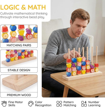 Color Stack Match Game for Adults,Fast Pattern Tabletop Puzzle Challenge with Wooden Stacking Rings, Competitive Brains Teaser Activity for Family Night Strategy Pattern Play (Bead)