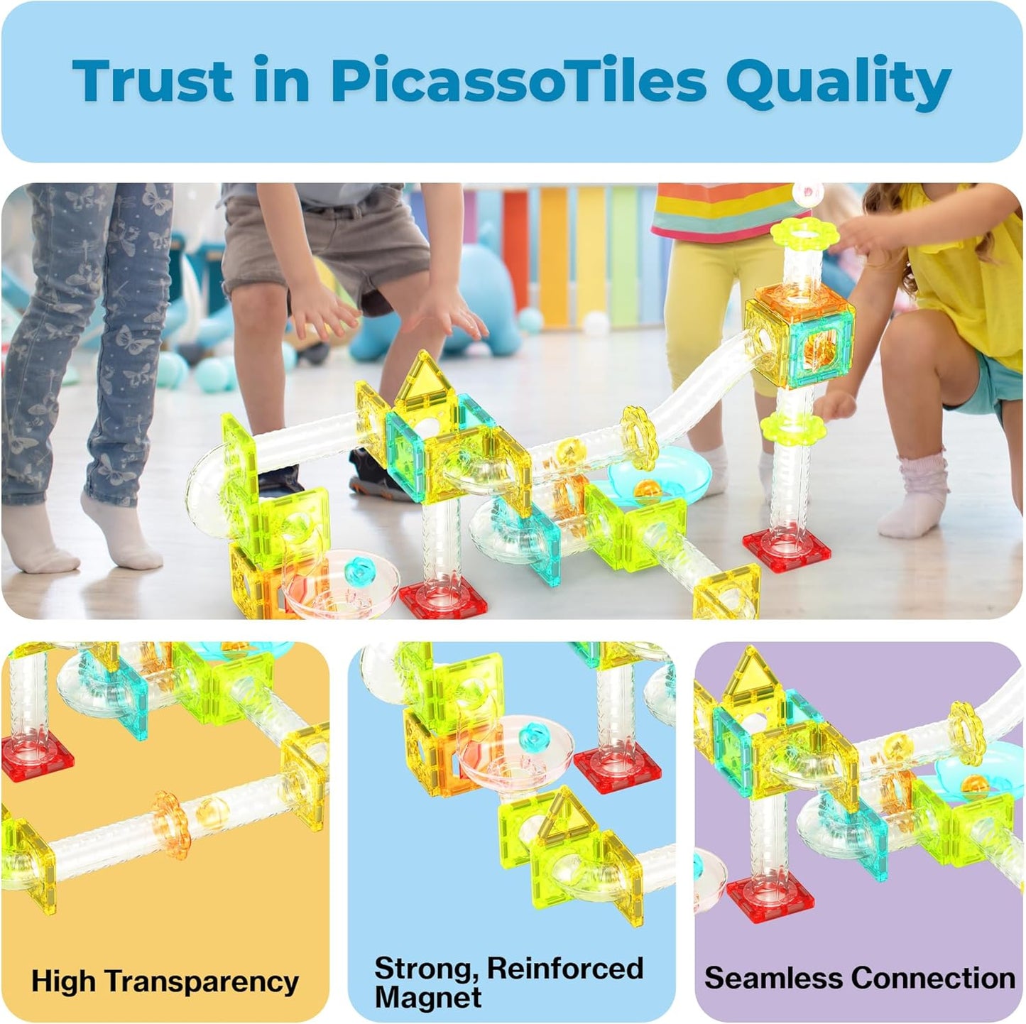 PicassoTiles Marble Run 60 Piece Race Track Magnetic Tiles Magnet Building Block Educational Construction Toy Set Playset STEM Learning Kit Child Brain Development HandEye Coordination Training PTG60
