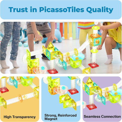 PicassoTiles Marble Run 60 Piece Race Track Magnetic Tiles Magnet Building Block Educational Construction Toy Set Playset STEM Learning Kit Child Brain Development HandEye Coordination Training PTG60