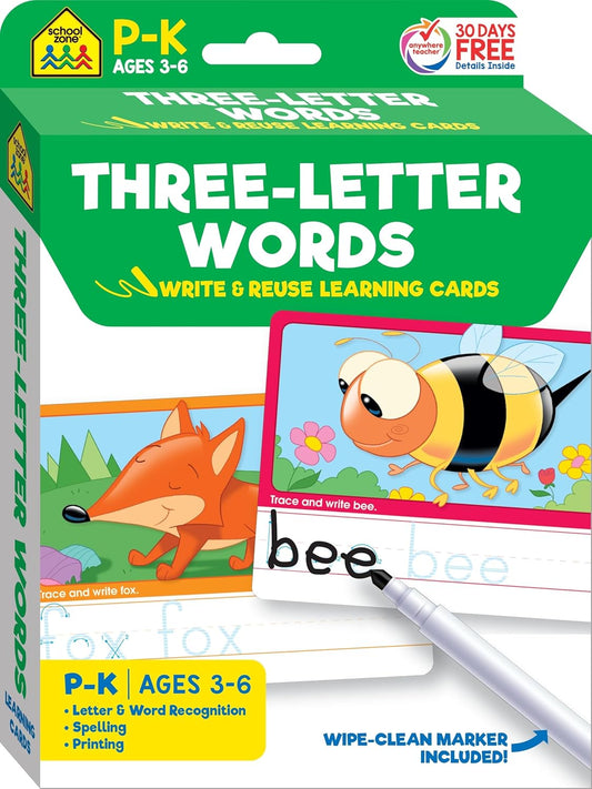 School Zone Three-Letter Words Write & Reuse Learning Cards: 32 Interactive Flash Cards, Preschool, Kindergarten, Letter & Word Recognition, Printing, Wipe Clean, Includes Dry Erase Marker