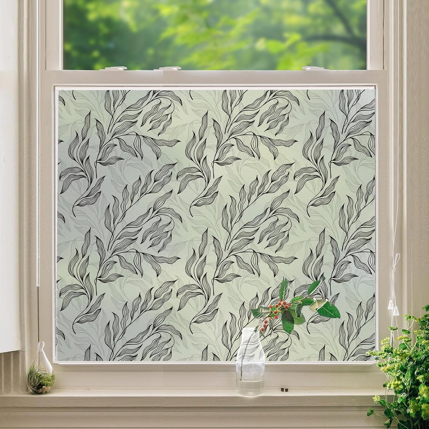 Leaf Pattern Window Tint with Installation Tools, Blackout Window Cover, Sun Blocking Window Tint for Home (Full Blackout Opaque, 17.7'' x 78.7'')