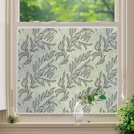 Leaf Pattern Window Tint with Installation Tools, Blackout Window Cover, Sun Blocking Window Tint for Home (Full Blackout Opaque, 17.7'' x 78.7'')