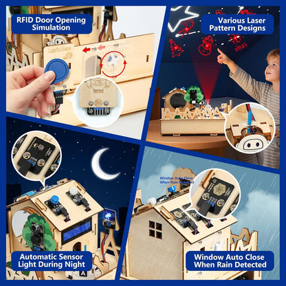 ESP32 IoT STEM Kit for Arduino/Acecode, 3D Wooden Puzzles Smart Home Learner Kit for Kids Age 10+, Educational STEM Toy House DIY Sensor Coding Set, Voice/APP Control, Gift for Adults Teens Boys Girl
