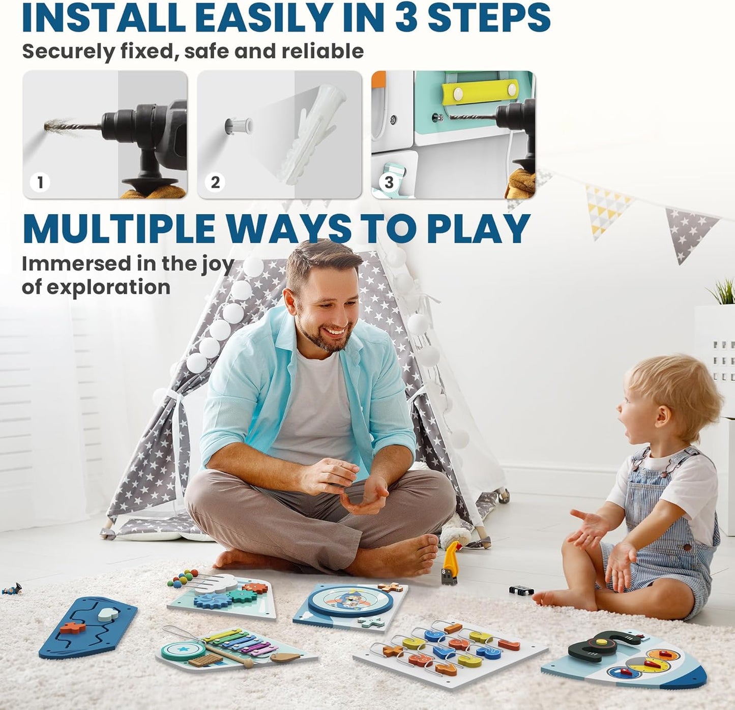 BlueWood Wooden Wall Busy Board Panels, Toddler Learning Activity Center, Montessori Philosophy Sensory, Educational Toys, Conducive to All-Round Development - Whale