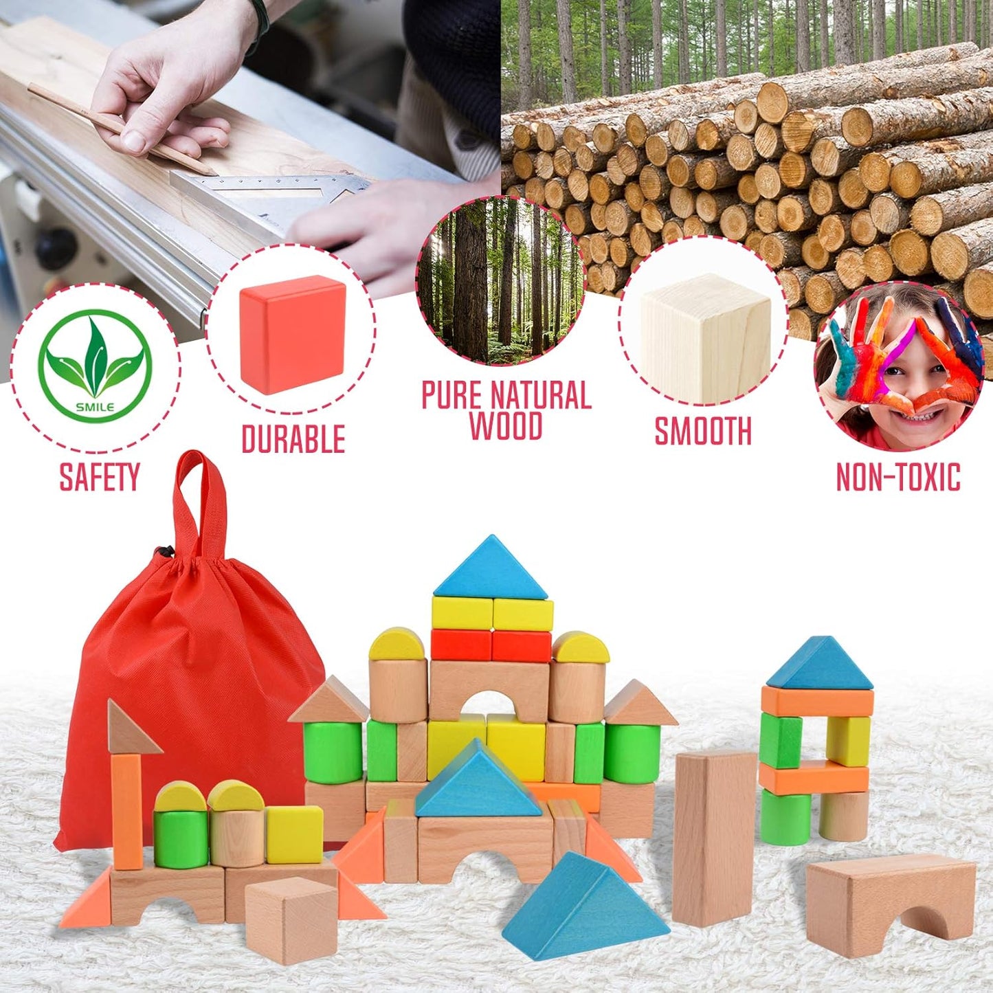 Migargle Large Wooden Building Blocks Set - Educational Preschool Learning Toys with Carrying Bag, Toddler Blocks Toys for 3+ Year Old Boy and Girl Gifts