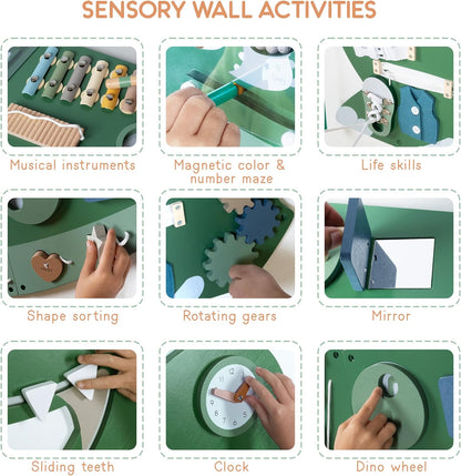 Dinosaur Activity Wall Busy Board - Wooden Sensory Wall Panel for Kids & Toddler Wall Activity - Interactive Montessori Wall Activity Board for Boys & Girls - Perfect for Playroom Daycare Waiting Room