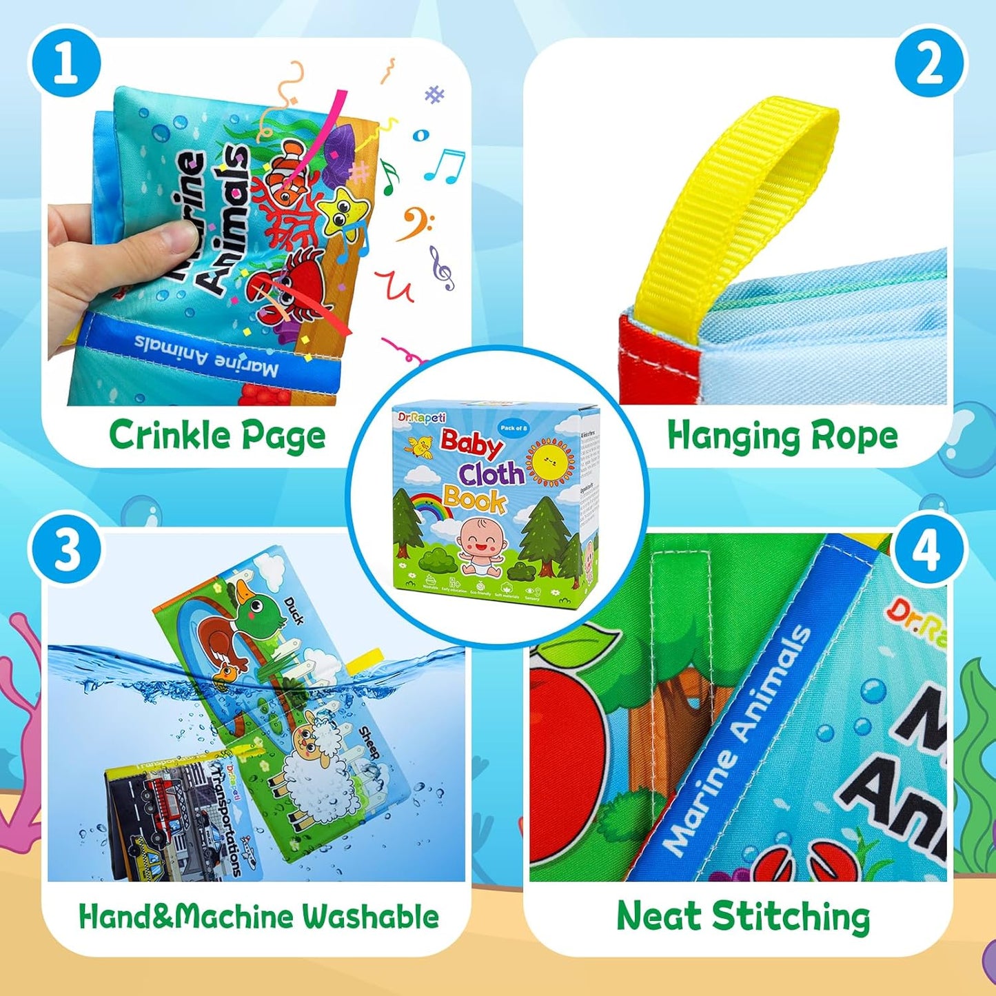 Dr.Rapeti 8-Pack Soft Cloth Books Baby Bath Books Crinkle Washable Chewable Early Educational Preschool Learning Giftable for Infant Toddler Kid