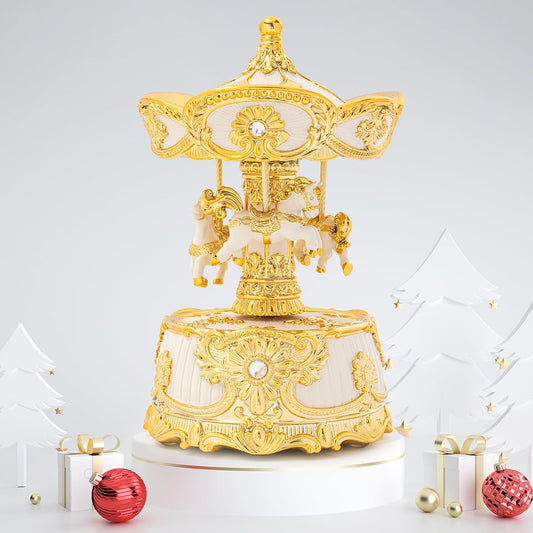 Carousel Music Box Gold & Ivory Christmas Snow Globes, 8.3" Rotate Carousel Snow Globe for Kids & Adults, Classic Wind up Musical Snow Globe Birthday Gifts for Women Girls, Carousel Horse Home Decor