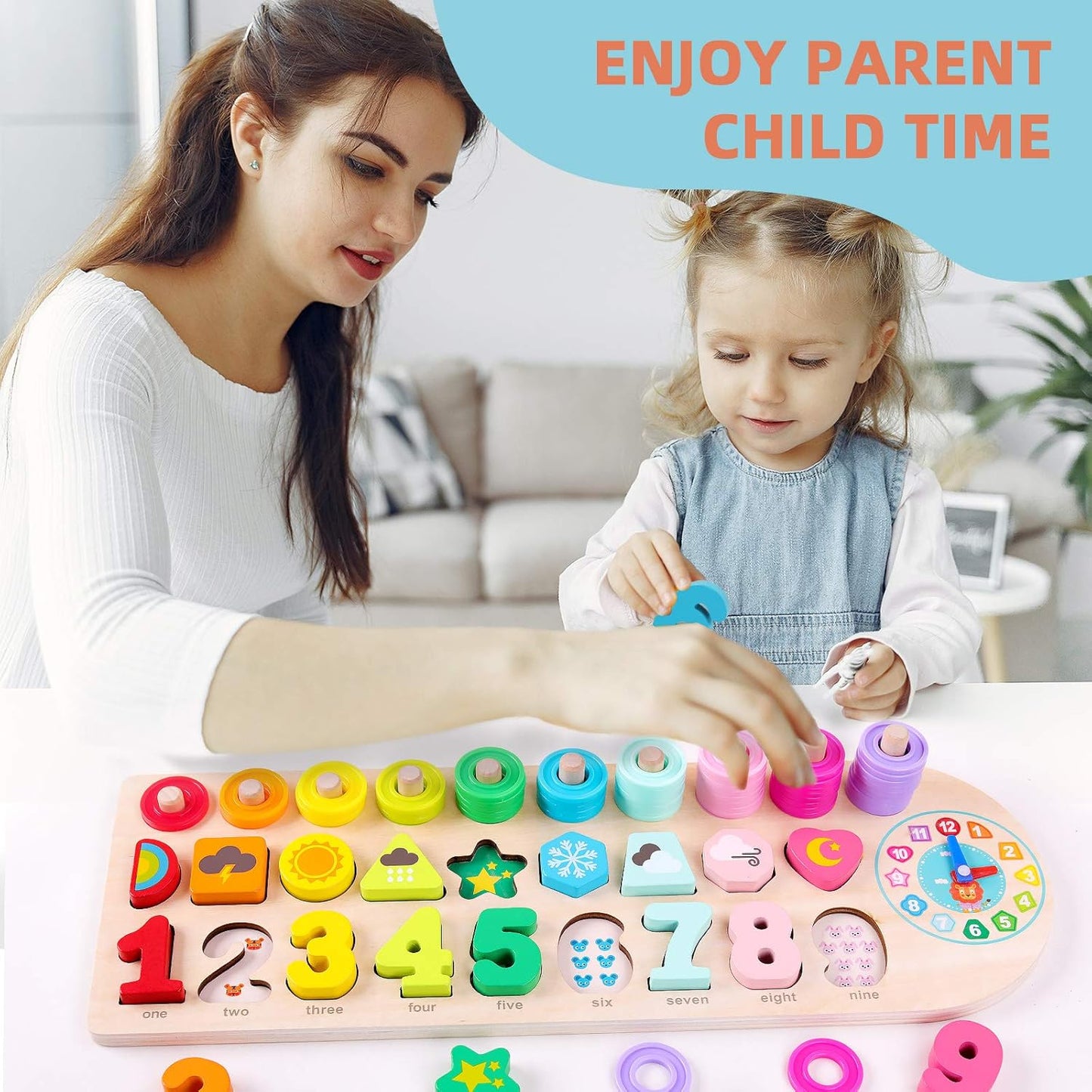 QZMTOY Counting Shape Stacker Wooden Count Sort Stacking Tower with Wood Colorful Number Shape Math Blocks for Kids Preschool Educational Toddlers Toy