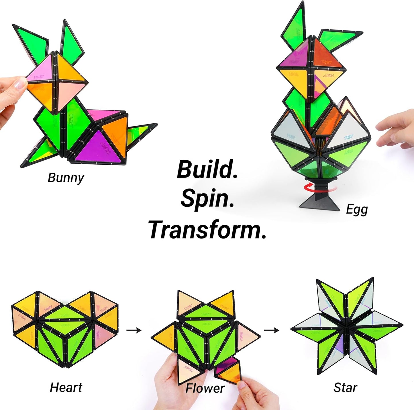 TOSY Magnet Pyramid Stone - 1 Cube Transforms into 1 Billion Shapes (Bunny, Egg Basket, Flowers, Heart), Easter Birthday Gift, 12 pcs, 243 Magnets, Holographic Design, Puzzle/STEM Toy
