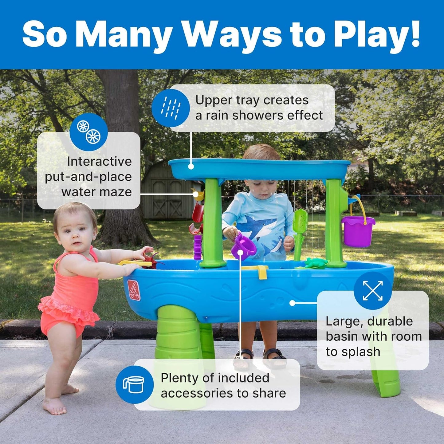 Step2 Rain Showers Splash Pond Water Table with Cover, Kids Water and Sand Activity Sensory Playset, Summer Outdoor Toys, 13-Piece Water Toy Accessories, For Toddlers 1.5+ Years Old, Blue & Green