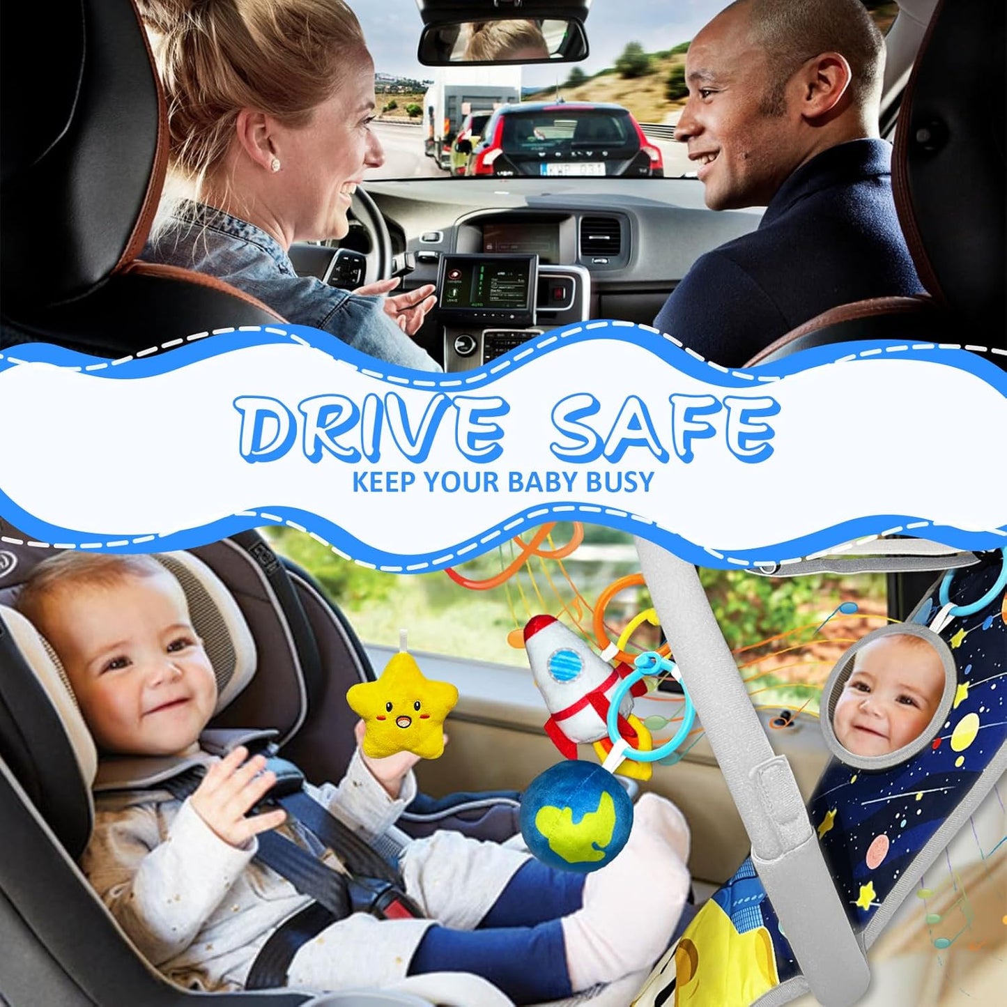 Car Seat Toys for 6-12 Months - Musical Pedal Piano with Baby Mirror, Squeaky Sensory Soft Animal Toys for Rear Facing Carseats