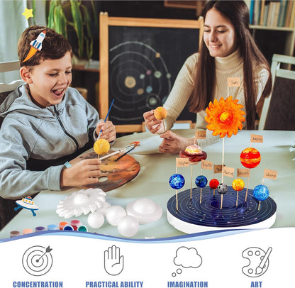 Pllieay 3D Solar System Model, Solar System Project Kit Includes Display Box, Mixed Sized Foam Balls, Color Pigments, Palette, Painting Brushes, Bamboo Sticks for Kids School Science Projects