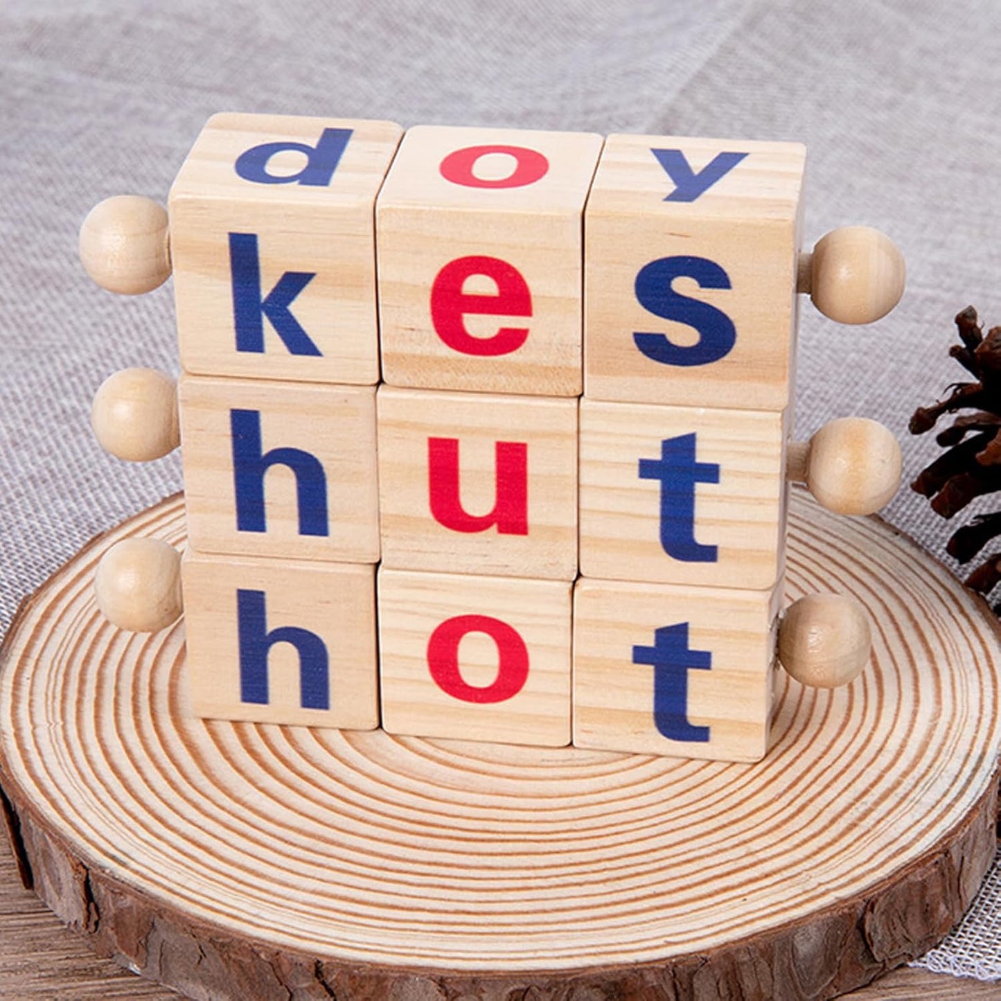 Wooden Reading Blocks, 5 Sets of Short Vowel Rods and 40 Sight Words Flash Cards, Turning Rotating Letter Puzzle for Kids, Montessori Spelling Toy for Preschool Boys Girls Ages 3+