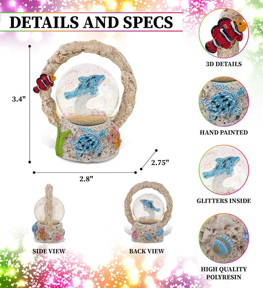 CoTa Global Dolphin Coral Snow Globe Decor - Elegant Pink Sparkle Glitter Inside The Snow Globe Figure, Animal Figurines for Kids and Adults, Collectible Snow Globes for Birthday, Christmas - 45 mm