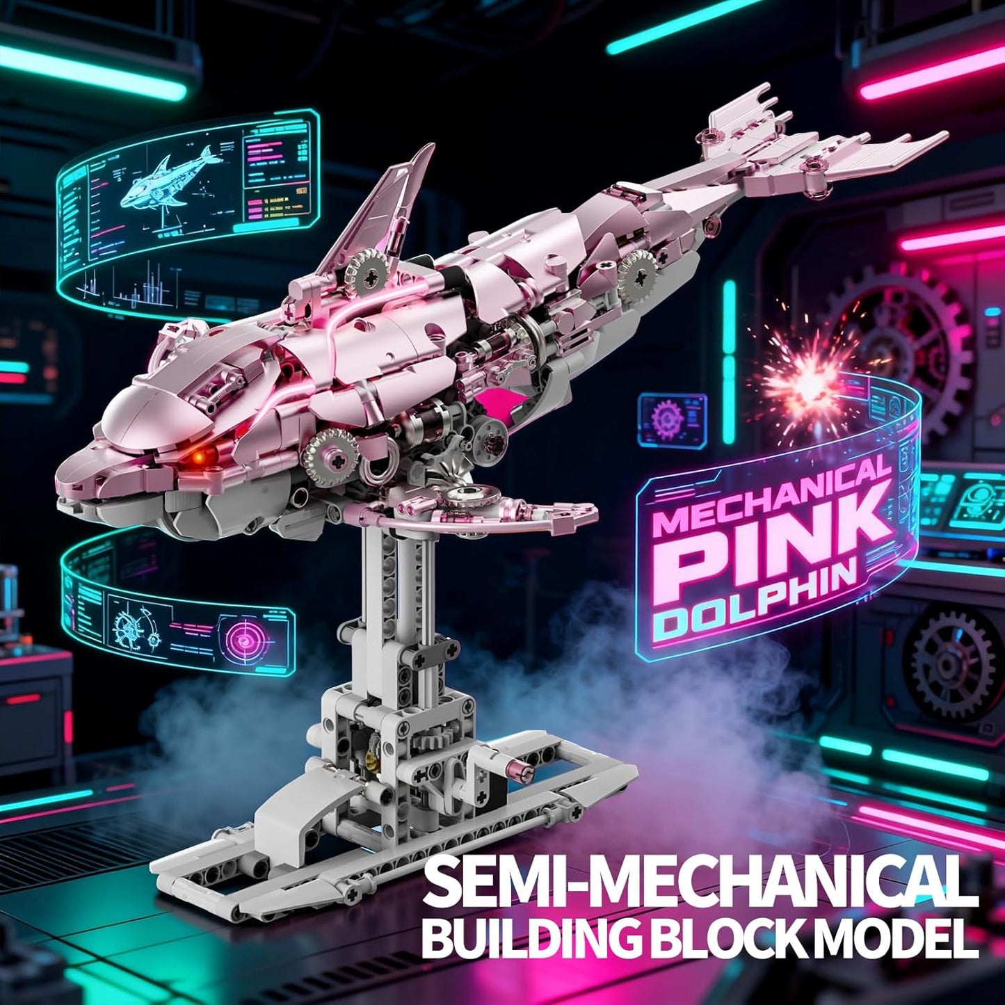 Mechanical Blue Dolphin Building Blocks Set Hand-Operated Motion, Detailed Gear Design, Display & Play Model Futuristic Ocean Animal Model