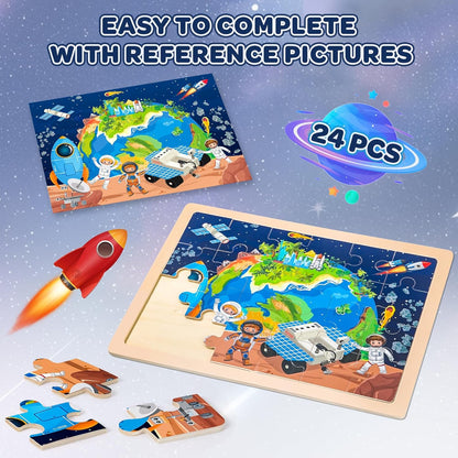 Puzzles for Kids Ages 4-6, 4 Packs 24 Pcs Wooden Jigsaw Puzzles for Toddlers Ages 2-4, Preschool Educational Vehicle Puzzle Toys Gifts for 3 4 5 6 Boys Girls
