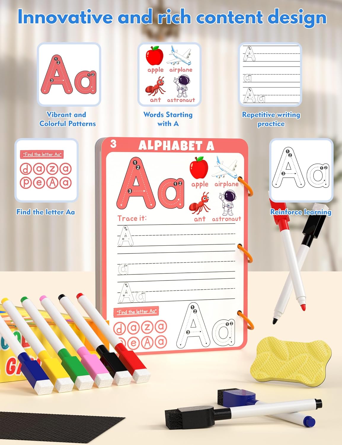 Preschool Learning Activities Educational Workbook, 62 Reusable Pages Pre Kindergarten Workbooks, Number Letter Tracing Books for Kids, Autism Learning Materials, ABC Busy Book for Kids Ages 3-7
