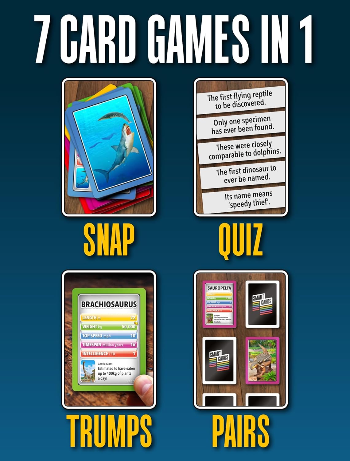SMART CARDS DINOSAURS Card Game - Matching Pairs, Snap, Trumps, Rummy, Happy Families (7 Games To Play) | Travel Game, Gift, Stocking Stuffer | for Adults, Kids, Boys, Girls | Age 5+, 1-8 Players