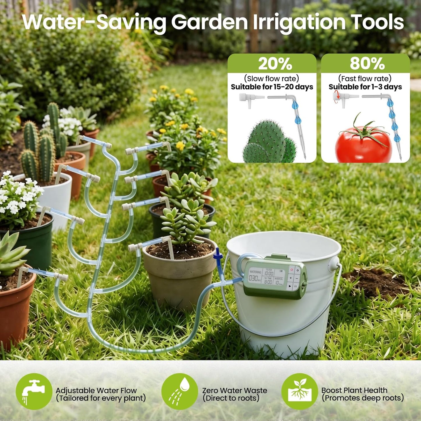 Solar Drip Irrigation System Timed Watering, Programmable Solar Water Drip for 15 Plants, Drip Irrigation Kit with 33FT 1/4'' Tube, 15x Tee Fitting, 15x Flow Valve, 15x Drip Stake(Solar Powered)