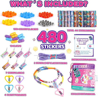 Plunack DIY Sticker Jewelry Making Kits Bracelets for Kids, Stickers Set, Includes Beads & Charms & Pendants, 320Pcs Mini Holographic Stickers, Bracelet Making Kit for Girls 6-12 Birthday Gift
