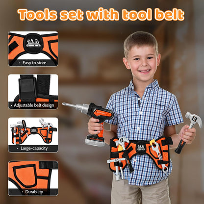 Kids Tool Set 49 PCS, Portable Tool Bag with Battery Powered Toy Drill & Adjustable Belt, Pretend Play Toddler Tool Set, Construction Toys for Boys & Girls Age 3-8, STEM Gifts