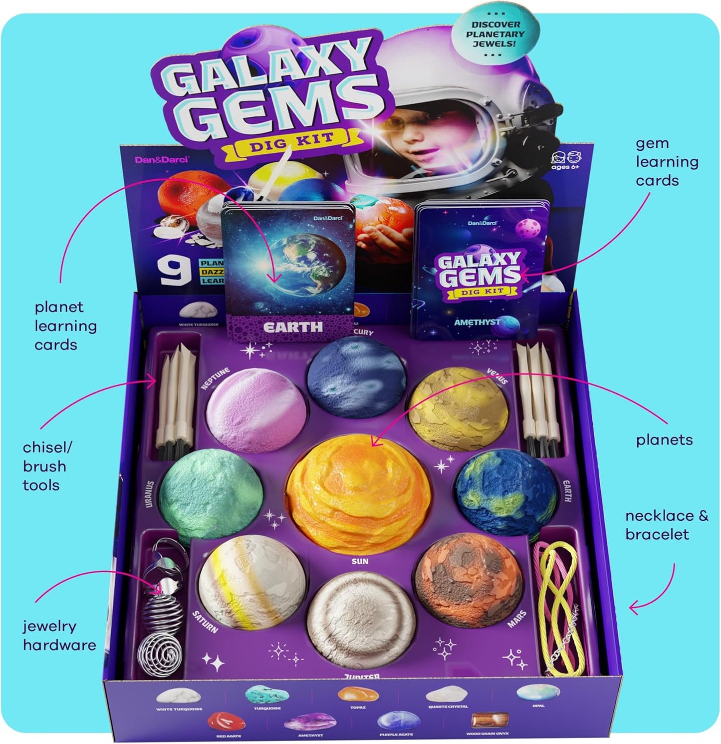 Dan&Darci Galaxy Gem Dig Kit for Kids - Gemstones Digging Science Kits for Kid Age 6-7, 6-8, 8-10 - Gifts for 6 7 8 9 10 11 Year Old Boys & Girls - Planet Space Toys for Ages 8-10 STEM for Boy & Girl