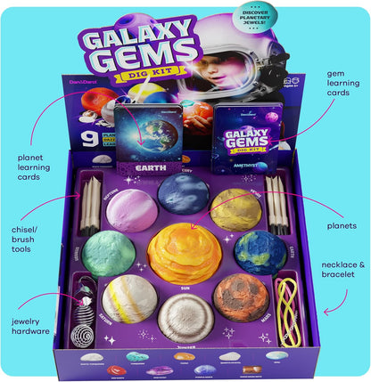 Dan&Darci Galaxy Gem Dig Kit for Kids - Gemstones Digging Science Kits for Kid Age 6-7, 6-8, 8-10 - Gifts for 6 7 8 9 10 11 Year Old Boys & Girls - Planet Space Toys for Ages 8-10 STEM for Boy & Girl