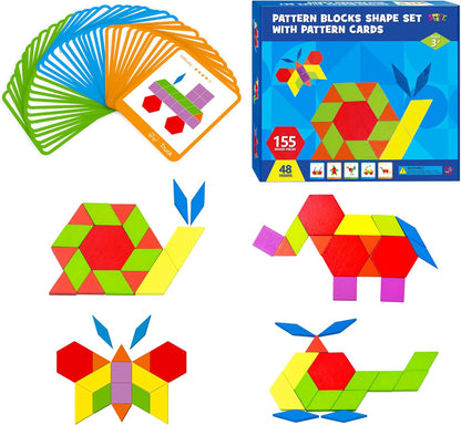 215 PCS Wooden Pattern Blocks Set, 24 Double-Sided Design Cards Pattern Building Shapes Educational Geometric Shape Puzzle Fun Tangram Montessori Learning Toys for Kids Ages 4-8 (A Storage Bag)