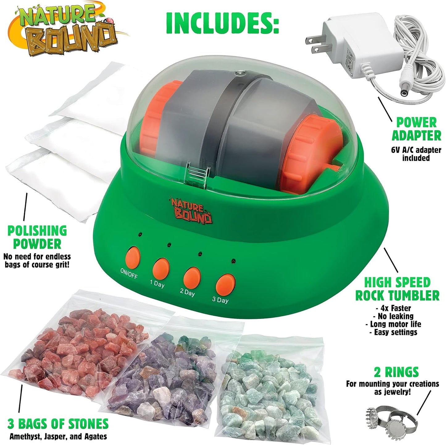 Nature Bound Starter Rock Tumbler Kit for Kids– Includes Rough Gemstones, Polishing Grits, Jewelry Fastenings, and Instructions – Great STEM Science Kit for The Future Geologist, Boys & Girls Ages 8+