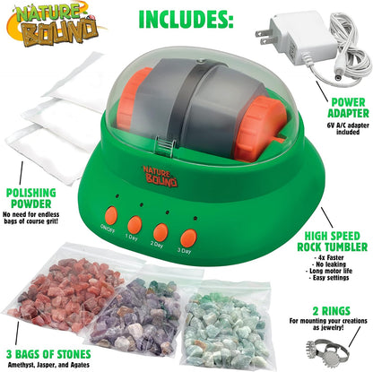 Nature Bound Starter Rock Tumbler Kit for Kids– Includes Rough Gemstones, Polishing Grits, Jewelry Fastenings, and Instructions – Great STEM Science Kit for The Future Geologist, Boys & Girls Ages 8+