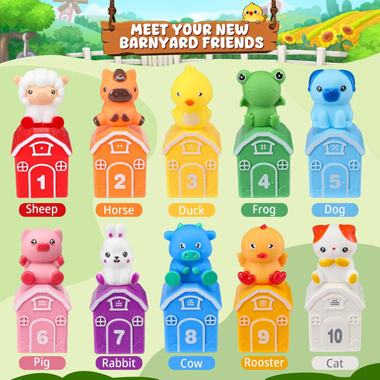 Montessori Toys for Toddlers 1 2 3 Years Old, Farm Animal Train Set with Counting Matching Sorting Activities 9 Barns, 10 Finger Puppets, 2 Stickers-Learning Toys for Baby Boys Girls, Preschool Gift