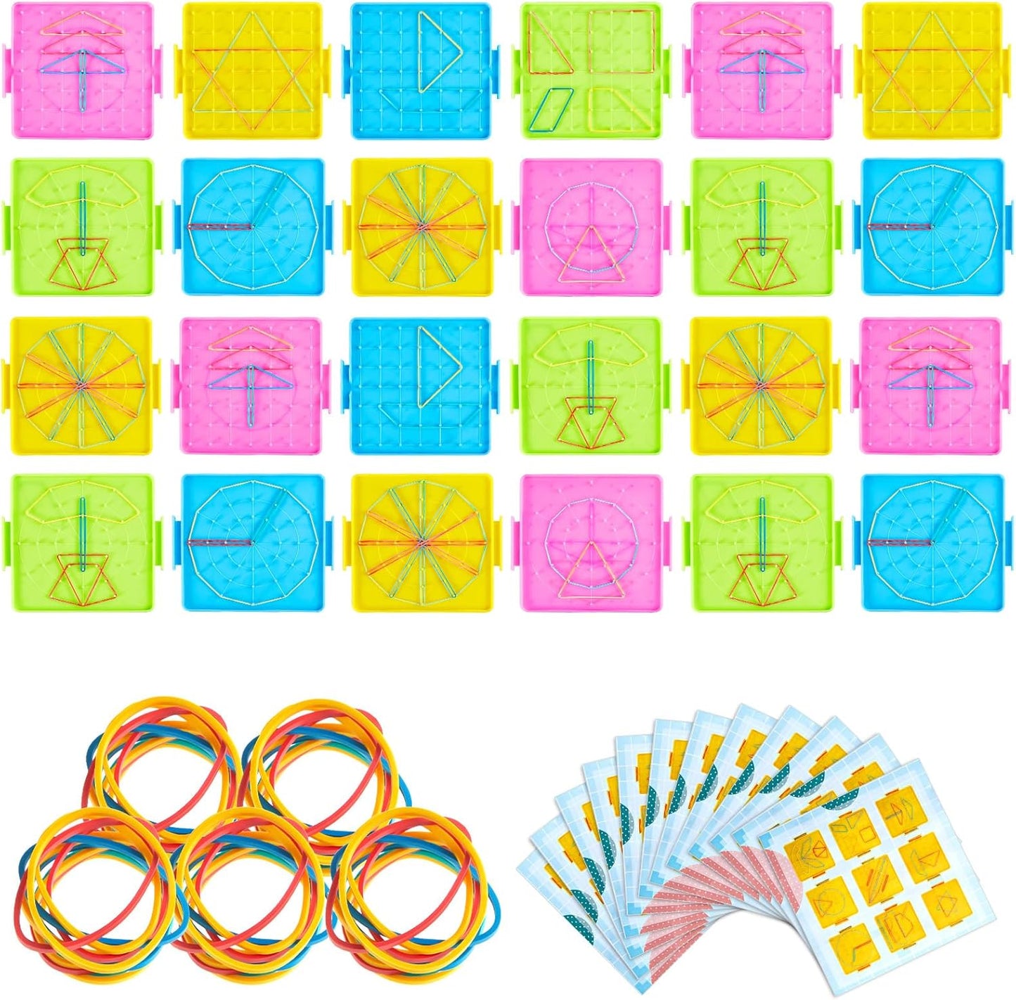 Deekin 24 Pcs Double Sided Geoboard Mathematical Kids Geoboards with Rubber Bands Math Manipulatives Toy for Geometry, 6.9 x 6.3 Inches Classroom Back to School