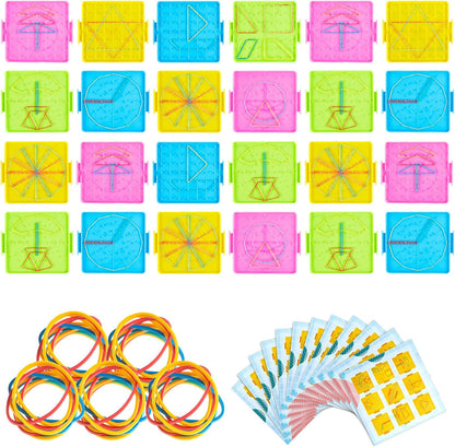 Deekin 24 Pcs Double Sided Geoboard Mathematical Kids Geoboards with Rubber Bands Math Manipulatives Toy for Geometry, 6.9 x 6.3 Inches Classroom Back to School