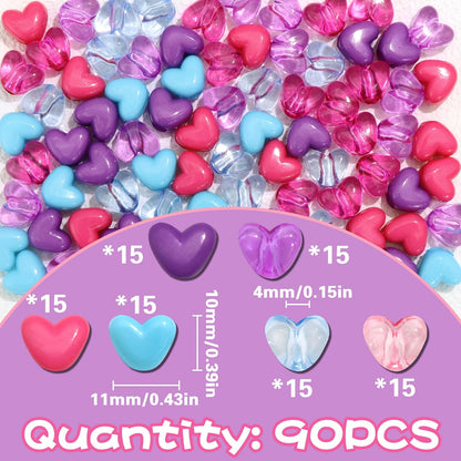 90PCS Heart Hair Beads for Braids Blue Pink Loc Dreadlock Valentine's Day Bead Accessories Purple Cute Acrylic Heart Shape Beads for Kids Girls