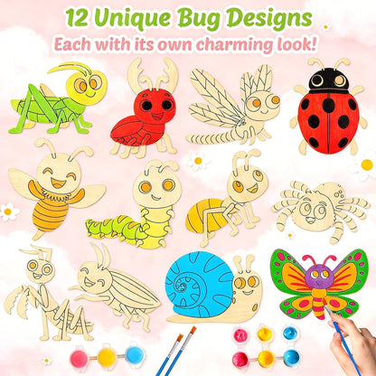 BOIKOKY 12 Pack Bug Party Favors for Kids - Individually Wrapped Paint Your Own Wooden Magnet Craft Kits with Thank You Card, Insect Birthday Party Supplies for Preschoolers