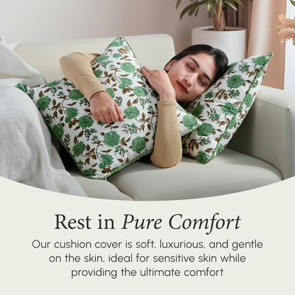 CPC 100% Cotton Throw Pillow Covers 18x18 Inch, Set of 2 Green Block Print Pattern Couch Pillow, Cute Boho Decorative Pillows for Living Room, Bedroom with Hidden Zipper- Agate Green