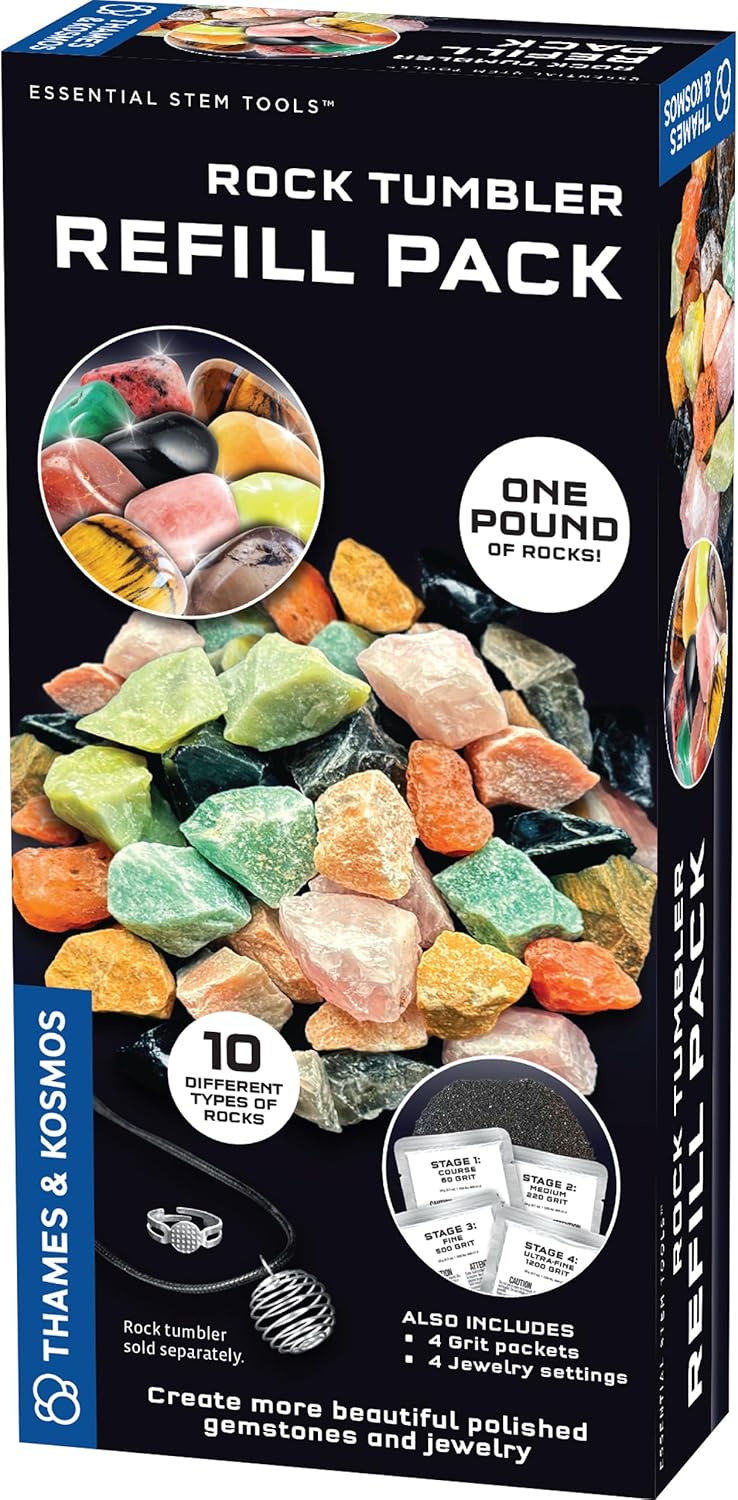 The Thames & Kosmos Rock Tumbler Refill Pack for use with The Thames & Kosmos Rock Tumbler, Essential STEM Tool for Kids | Includes Rough Rocks, Polishing Grit, Jewelry Settings