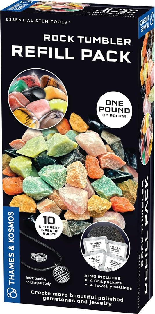 The Thames & Kosmos Rock Tumbler Refill Pack for use with The Thames & Kosmos Rock Tumbler, Essential STEM Tool for Kids | Includes Rough Rocks, Polishing Grit, Jewelry Settings