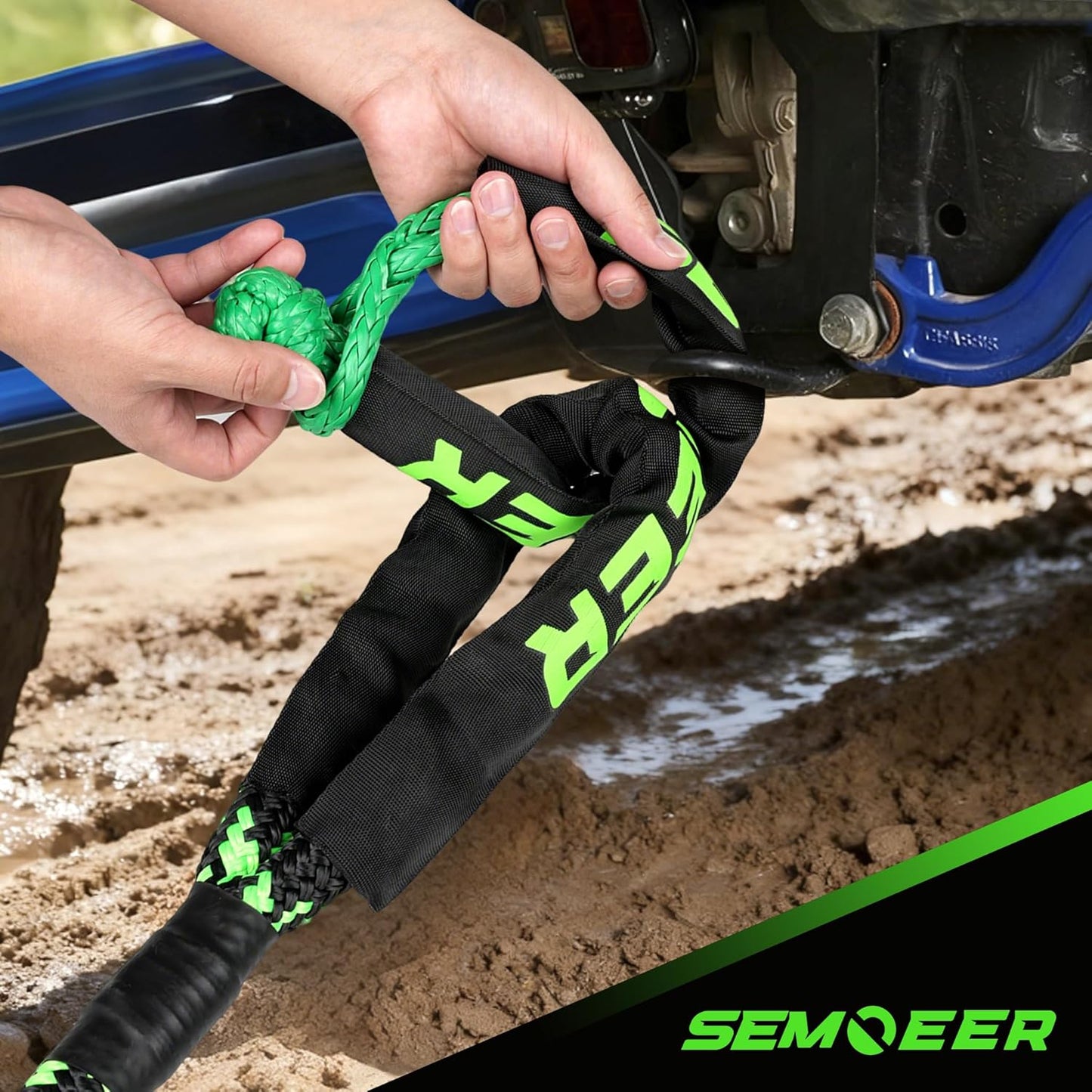 Kinetic Recovery Rope, 1" x 30ft 48500LBS, Kinetic Rope Recovery Kit with 2 Soft Shackles, Heavy Duty Offroad Snatch Strap, 35% High Elasticity Tow Ropes for Trucks SUV UTV, Black & Green Mixed